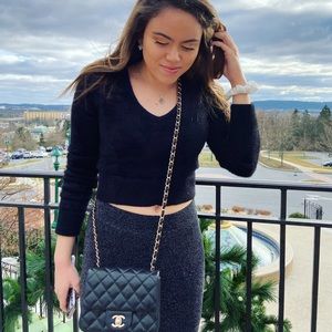 Black Fur V-Neck Cropped Sweater